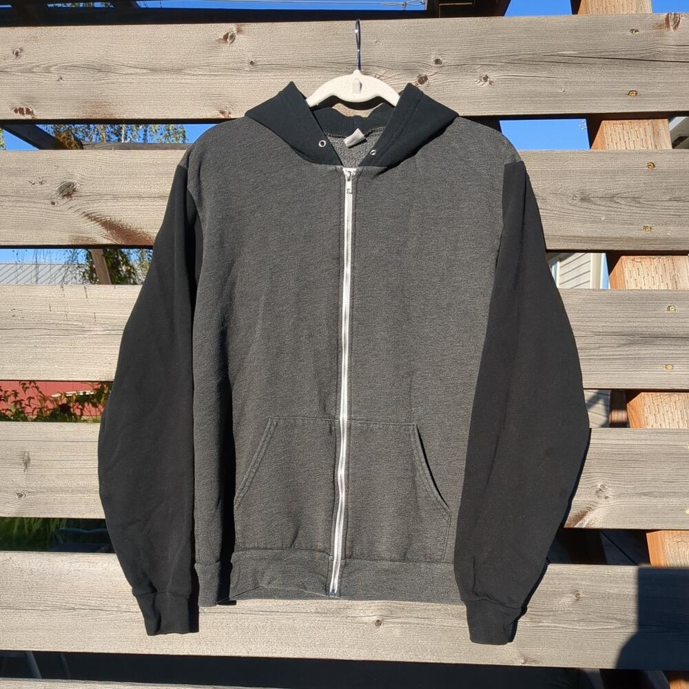American Apparel Hoodie F497 Grey/ Black Full Zip USA Adult Large No Drawstring